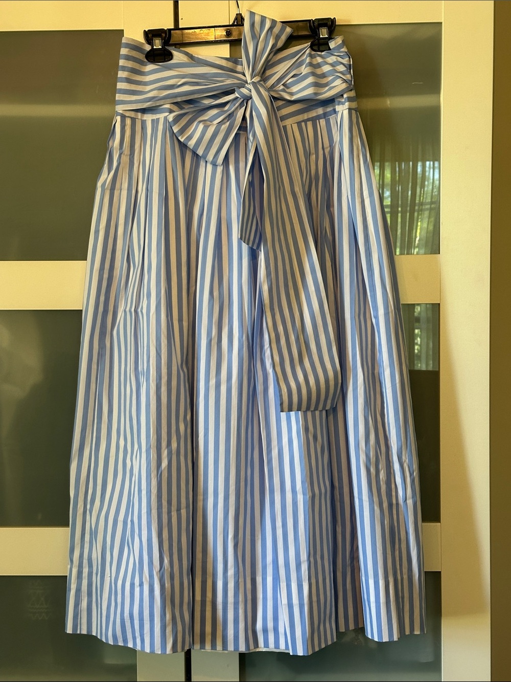 Striped Blue and White A-Line Midi Skirt with Waist Tie